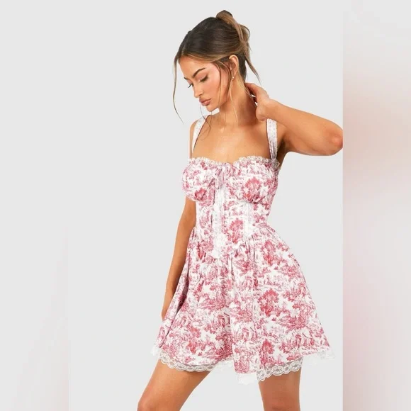 NWT BOOHOO Porcelain Toile Print Strappy Milkmaid Mini Dress 4 - Picture 1 of 10